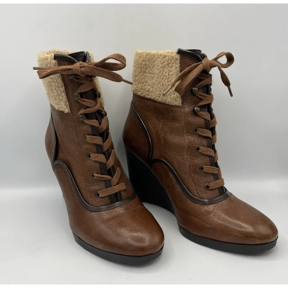 Franco Sarto Ankle Boot‎ Wedge Leather Sherpa Womens 7.5 Brown Lace Up Waverly